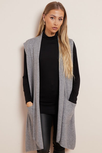 Charcoal Soft Knit Sleeveless Long Cardigan