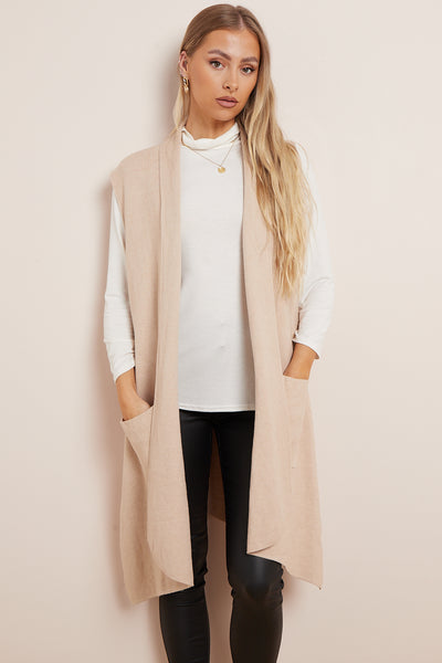 Beige Soft Knit Sleeveless Long Cardigan