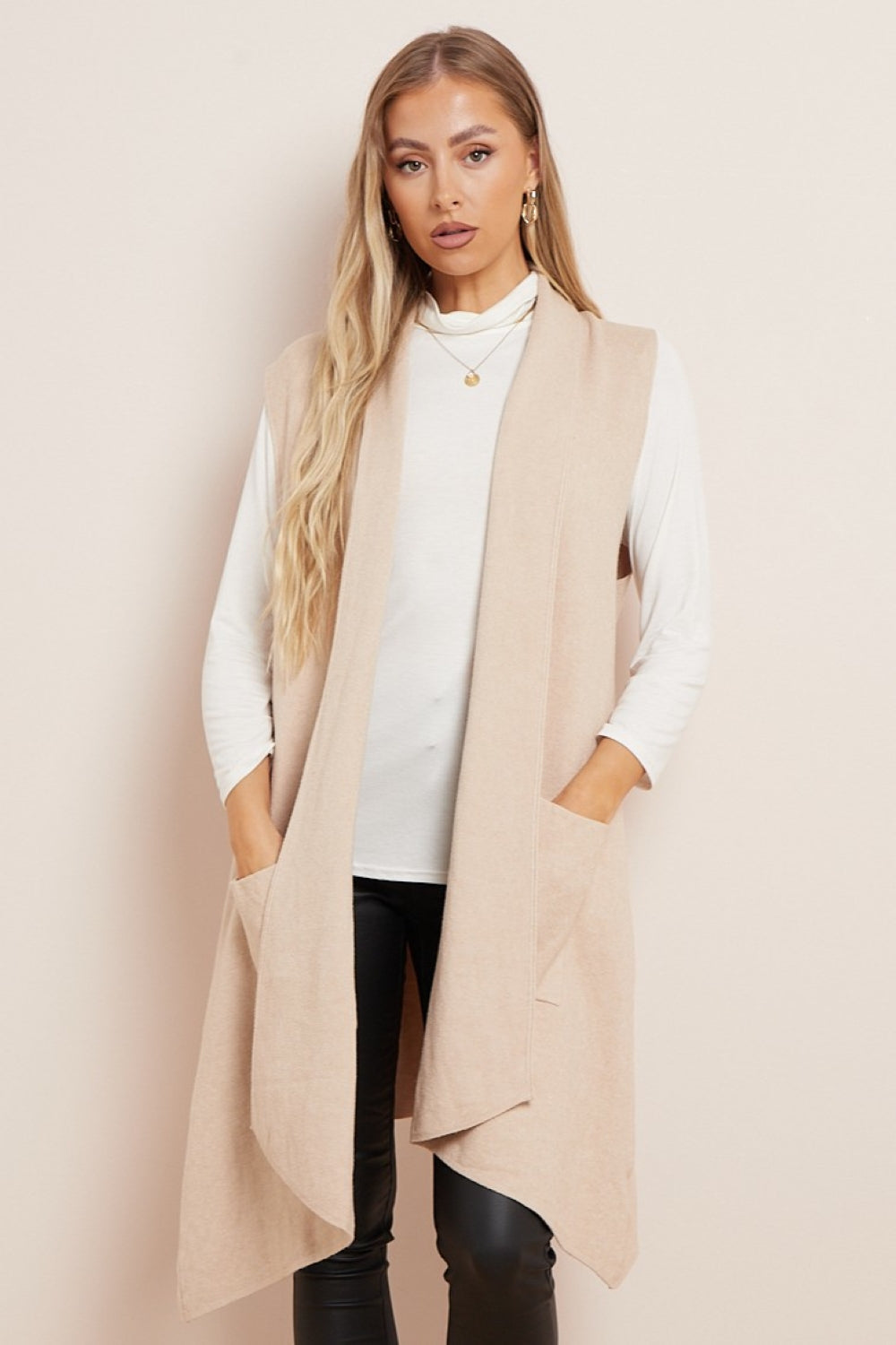 Beige Soft Knit Sleeveless Long Cardigan