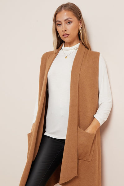 Camel Soft Knit Sleeveless Long Cardigan