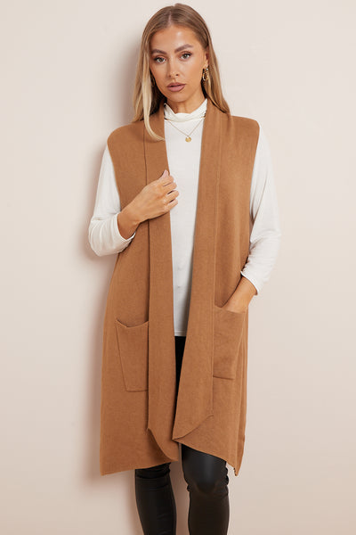 Camel Soft Knit Sleeveless Long Cardigan