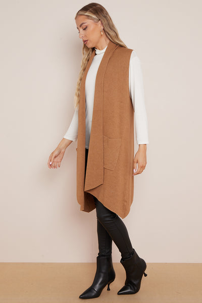 Camel Soft Knit Sleeveless Long Cardigan