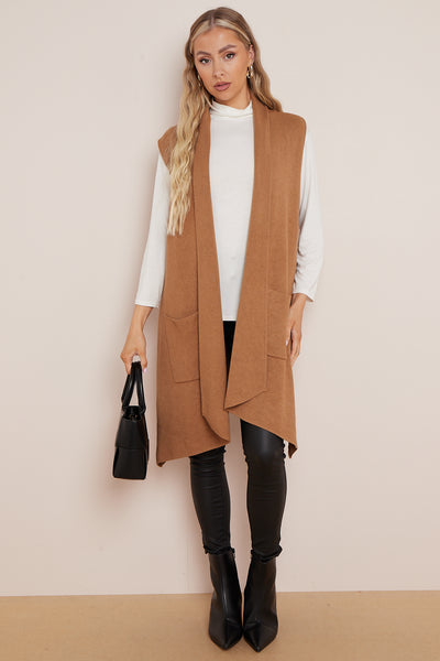 Camel Soft Knit Sleeveless Long Cardigan