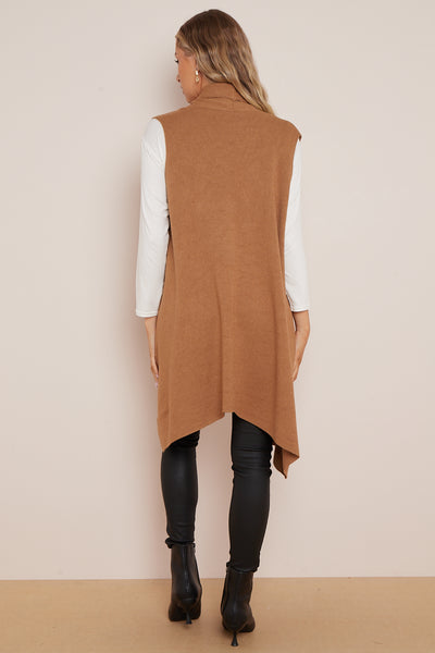 Camel Soft Knit Sleeveless Long Cardigan