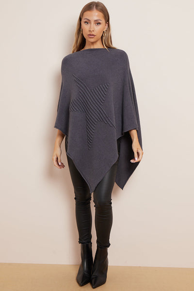 Charcoal Soft Knit Poncho with Star Detail