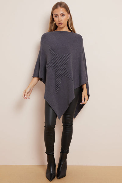 Charcoal Soft Knit Poncho with Star Detail