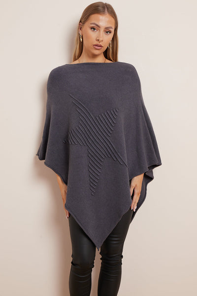 Charcoal Soft Knit Poncho with Star Detail