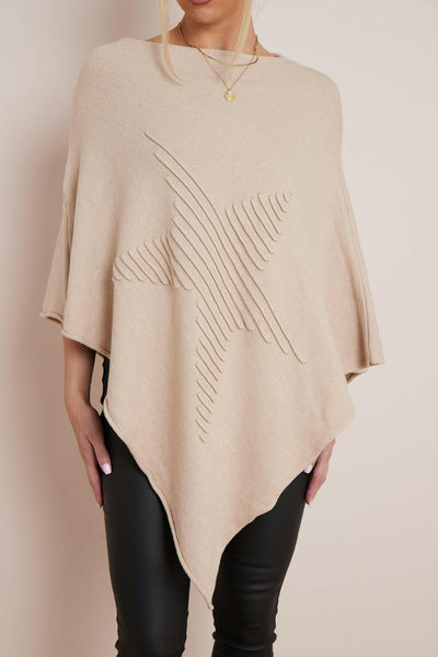 Beige Soft Knit Poncho with Star Detail