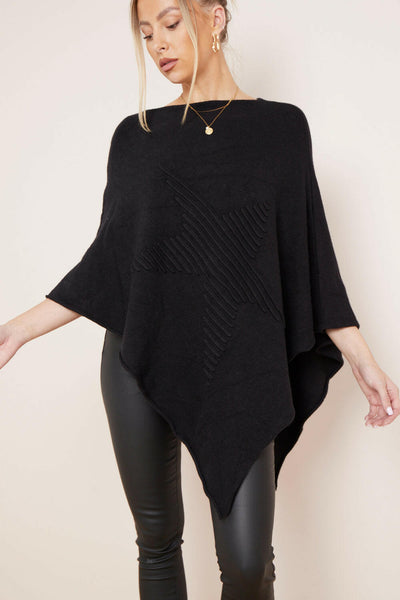 Black Soft Knit Poncho with Star Detail