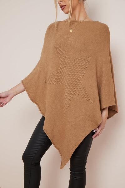 Camel Soft Knit Poncho with Star Detail