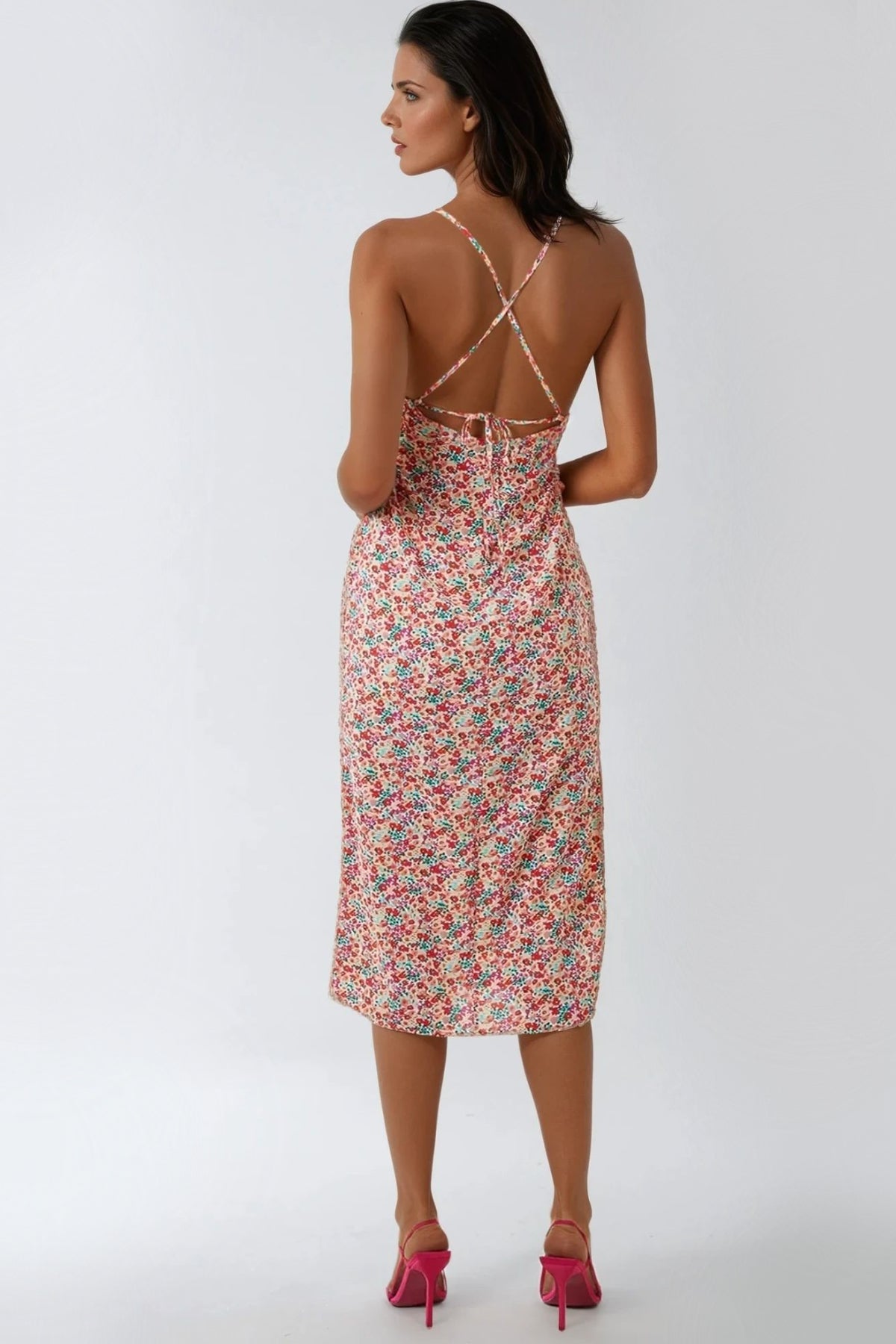 Pink Floral Strappy Midi Dress With Ties - Aftershock London Pink Floral Strappy Midi Dress With Ties - Aftershock London