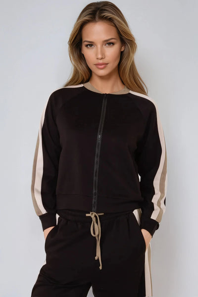 Black Stripe Bomber Jacket & Jogger Set