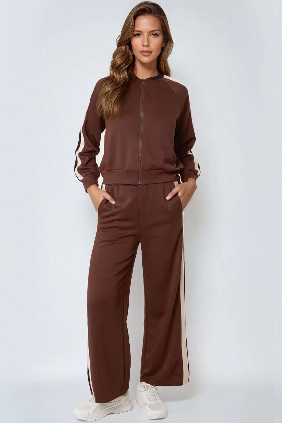 Brown Stripe Bomber Jacket & Jogger Set