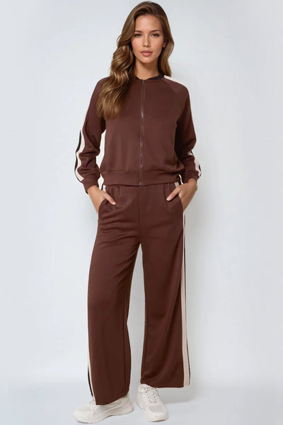 Brown Stripe Bomber Jacket & Jogger Set