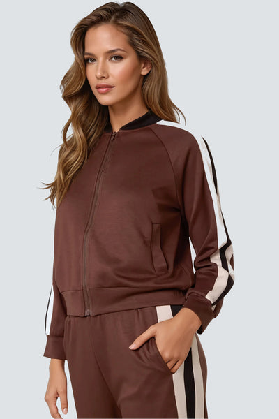 Brown Stripe Bomber Jacket & Jogger Set