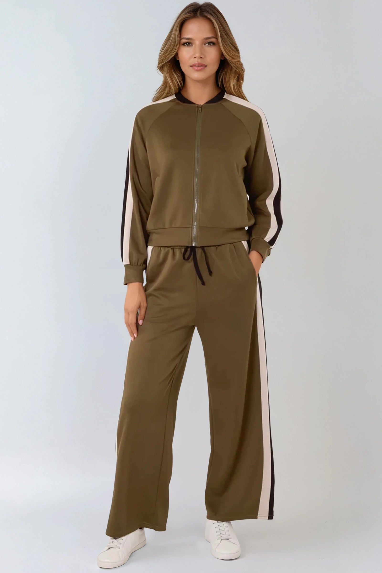 Khaki Stripe Bomber Jacket & Jogger Set