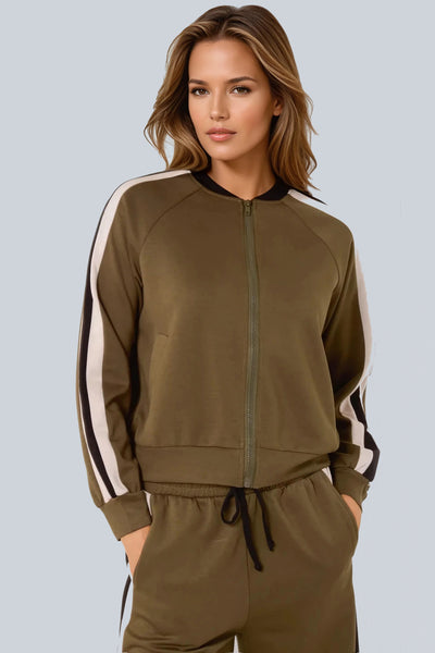 Khaki Stripe Bomber Jacket & Jogger Set