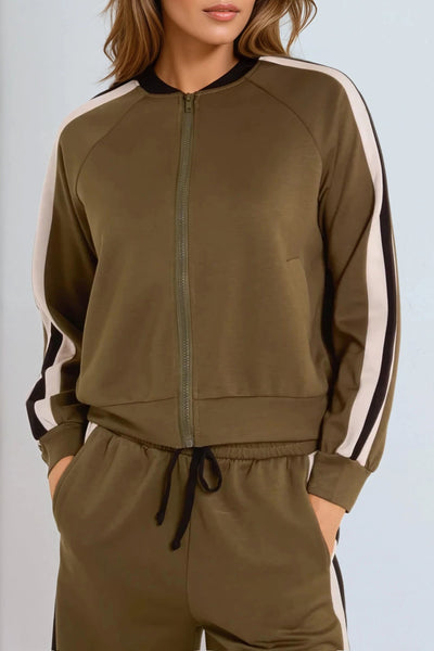 Khaki Stripe Bomber Jacket & Jogger Set