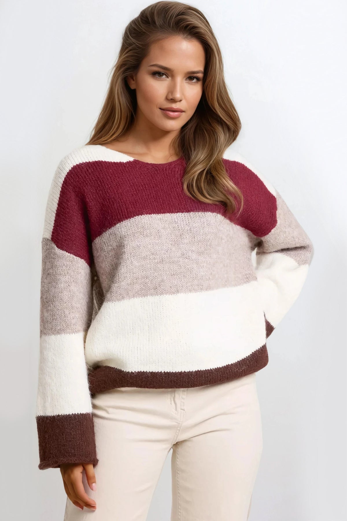 Wine Colour Block Wool Blend Jumper