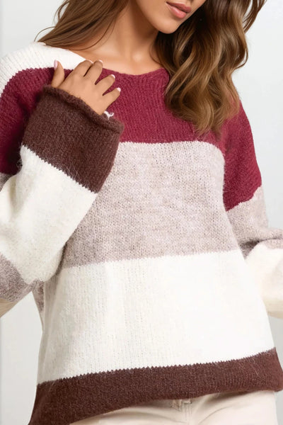 Wine Colour Block Wool Blend Jumper