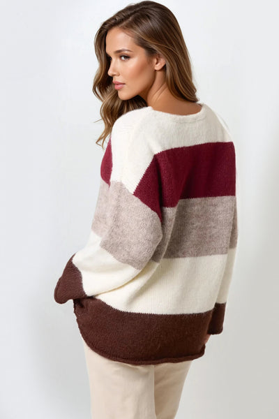 Wine Colour Block Wool Blend Jumper