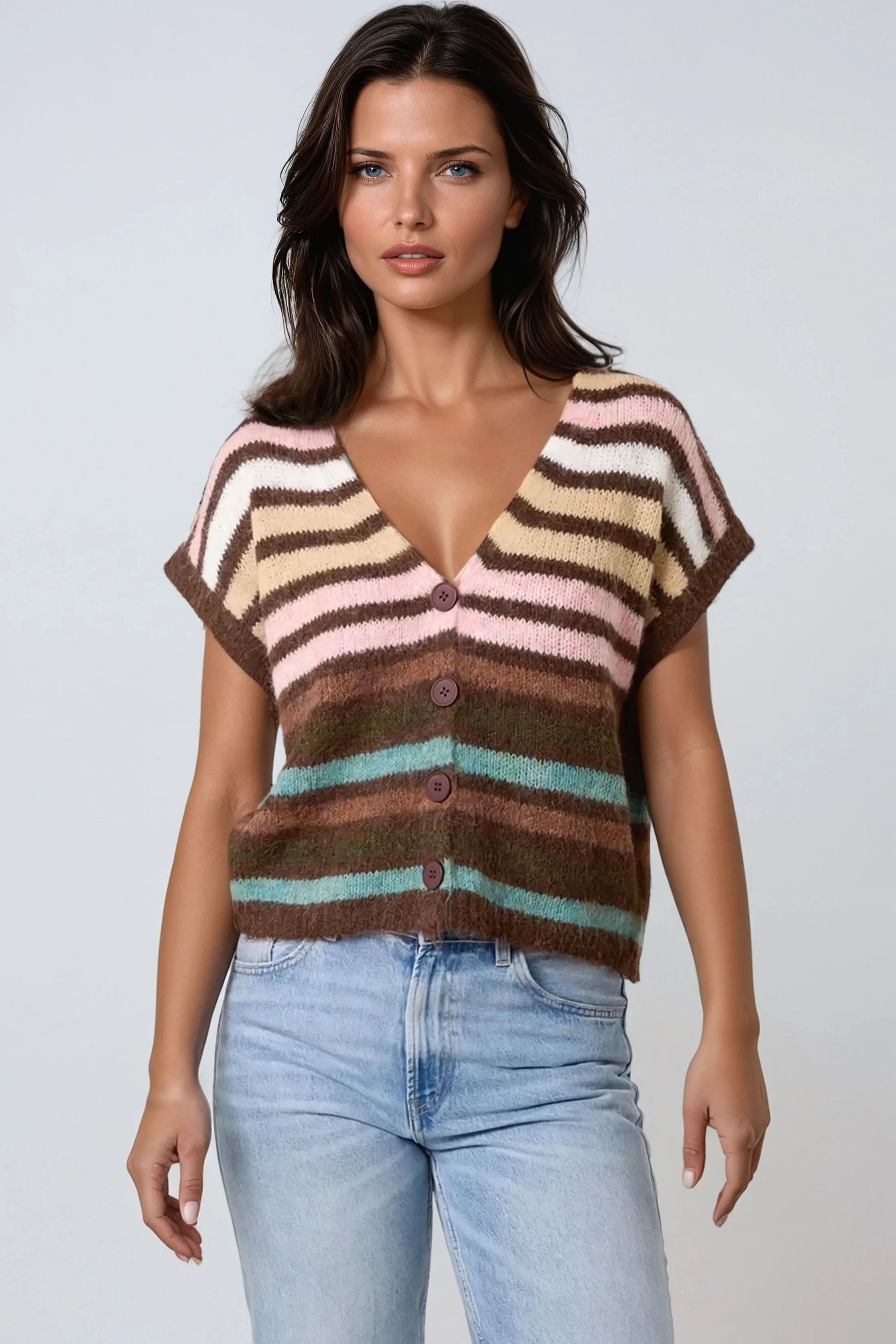 Pink Striped Knitted Vest Cardigan