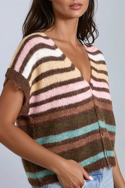 Pink Striped Knitted Vest Cardigan