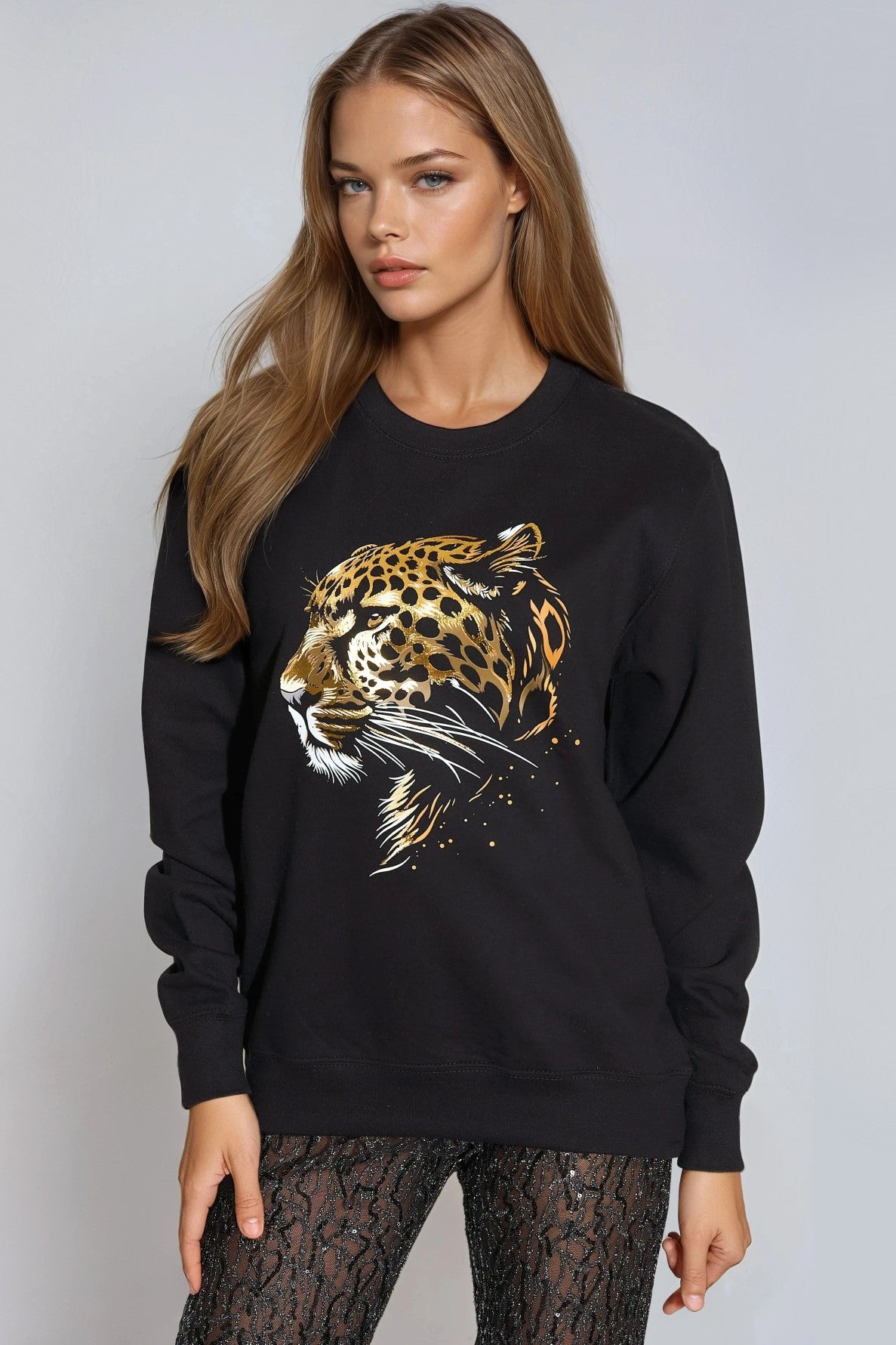 Black Leopard Gold Foil Print Sweatshirt