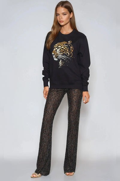 Black Leopard Gold Foil Print Sweatshirt