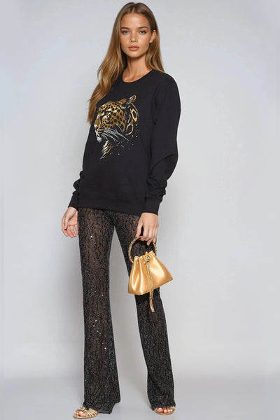 Black Leopard Gold Foil Print Sweatshirt