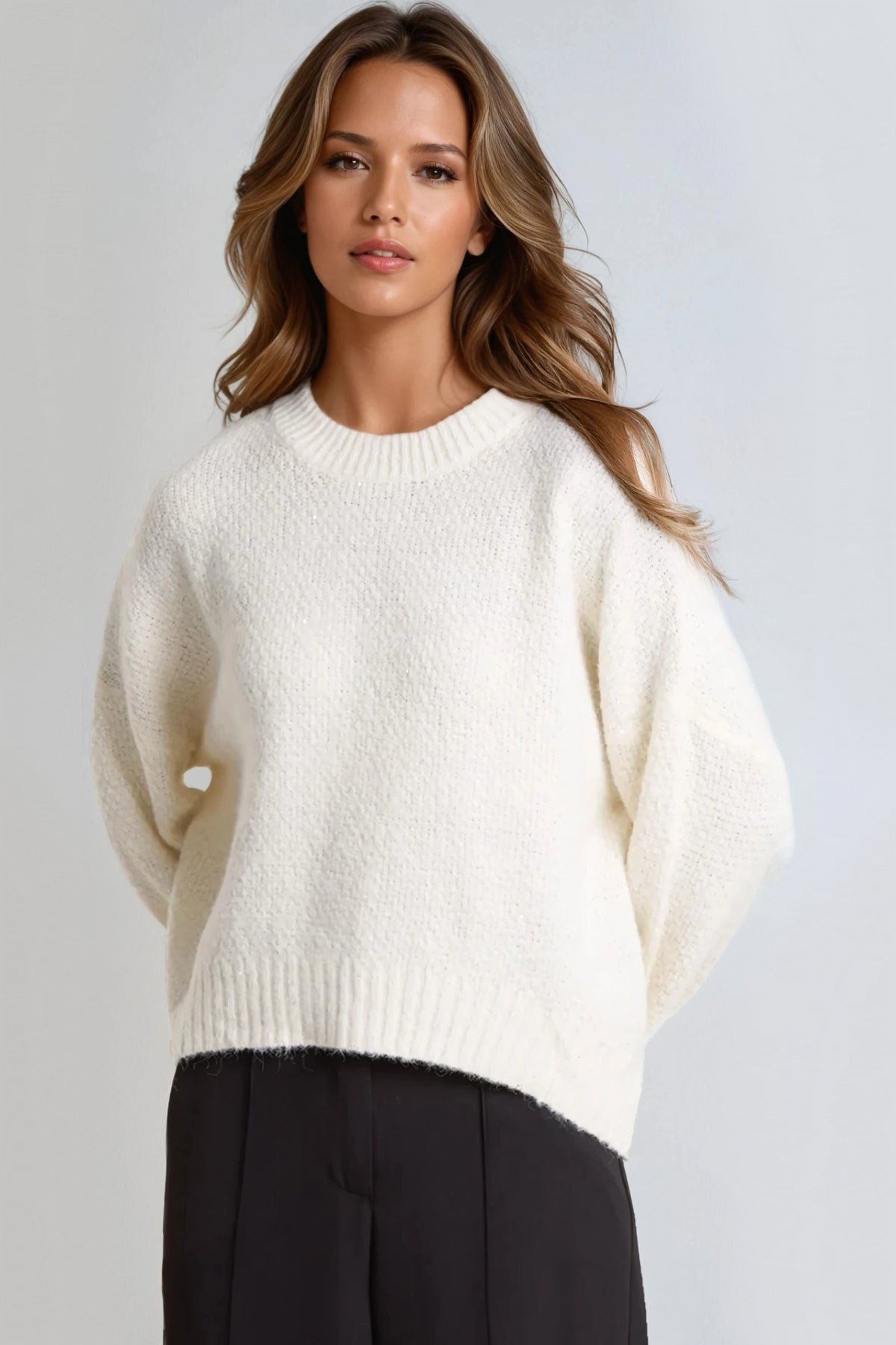 Ivory Textured Knit Crew Neck Jumper