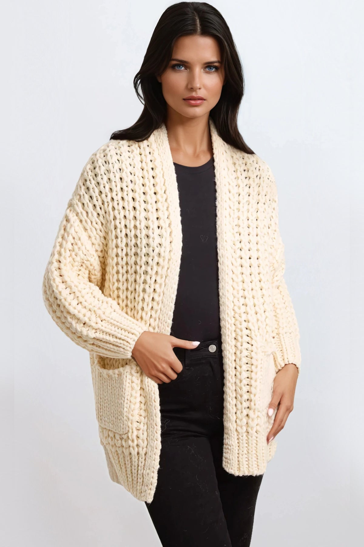 Cream Chunky Knit Cardigan With Pockets
