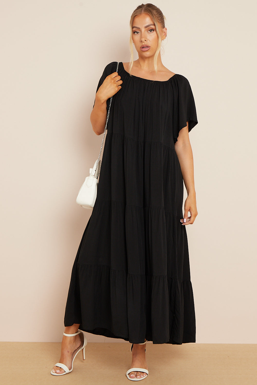Black Tiered Off Shoulder Maxi Dress