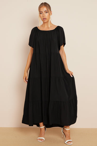 Black Tiered Off Shoulder Maxi Dress