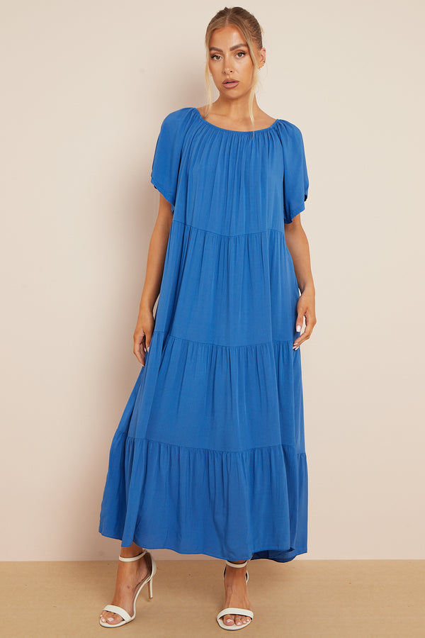 Royal Blue Tiered Off Shoulder Maxi Dress Aftershock London