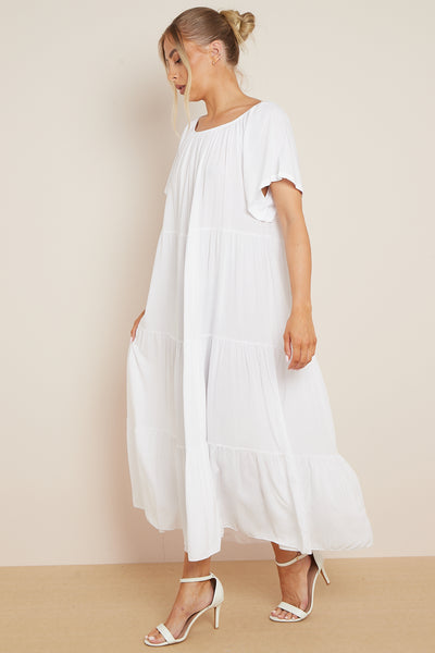 White Tiered Off Shoulder Maxi Dress