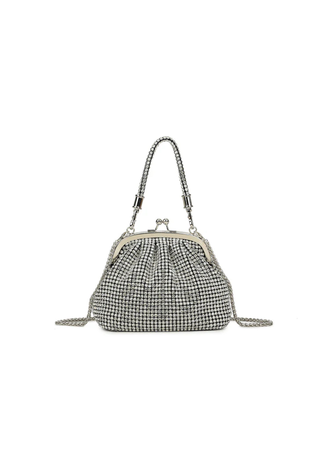 Silver Crystal Kiss Lock Clutch Bag