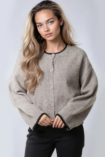 Mocha Wool Blend Contrast Edge Cardigan
