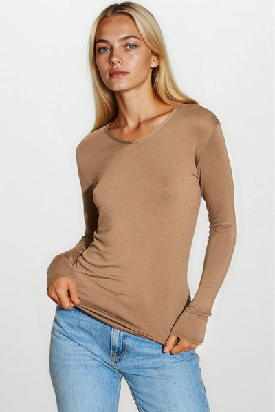 Mocha V Neck Long Sleeve Top