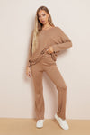 Camel V Neck Ribbed Loungewear Set