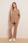Camel V Neck Ribbed Loungewear Set