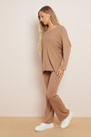 Camel V Neck Ribbed Loungewear Set
