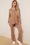 Camel V Neck Ribbed Loungewear Set