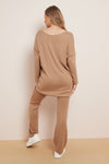 Camel V Neck Ribbed Loungewear Set