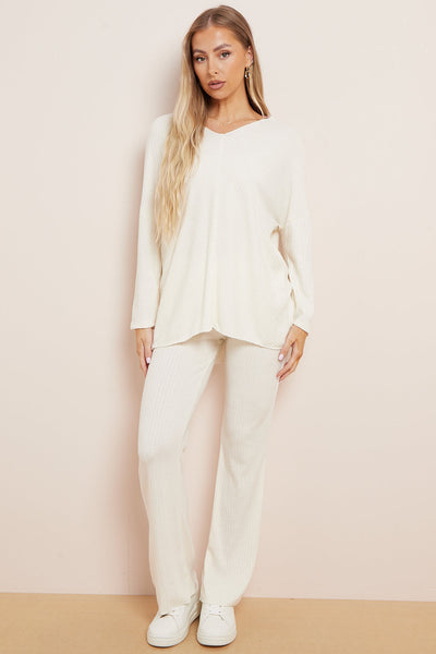 White V Neck Ribbed Loungewear Set