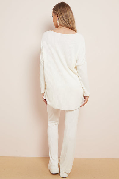 White V Neck Ribbed Loungewear Set