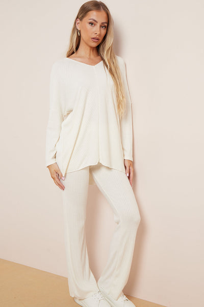 White V Neck Ribbed Loungewear Set