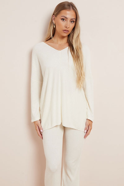White V Neck Ribbed Loungewear Set