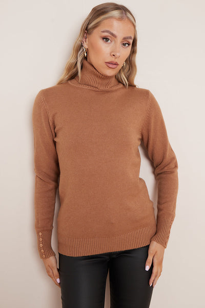 Camel Wool Blend Roll Neck Jumper