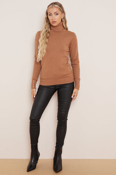 Camel Wool Blend Roll Neck Jumper